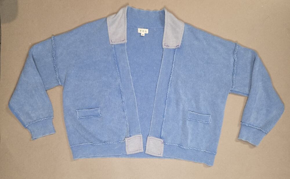 POL Cardigan Sweater Womens S Blue Open Front Contrast Trim Knit Pockets Boho